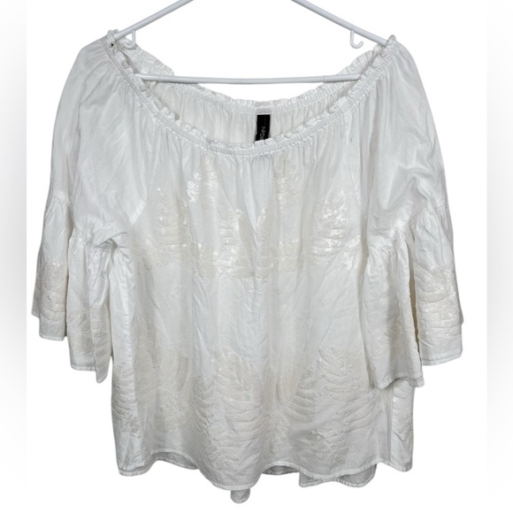 Marc Cain cotton peasant blouse, M, sequins, off shoulder, bell sleeves Boho - Picture 1 of 8